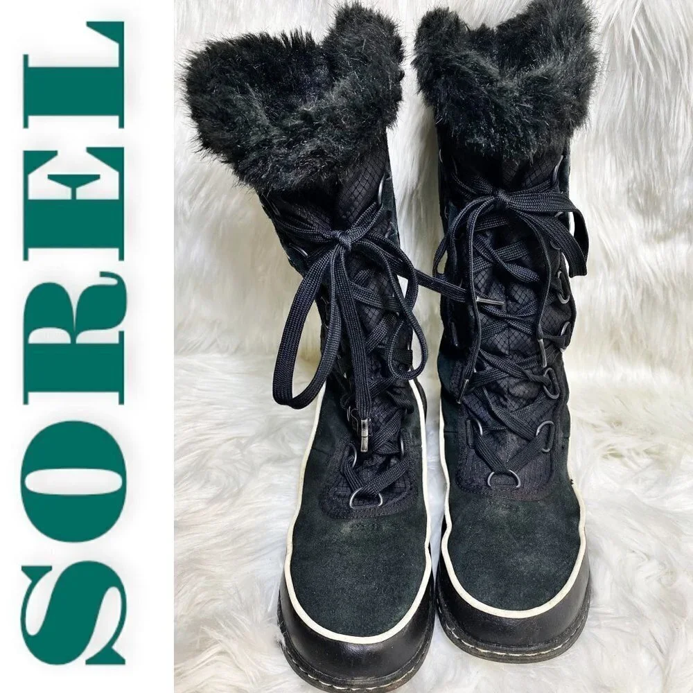 SOREL Tivoli III High Black Suede Faux Fur Trimmed Mid-Calf Boot, Size 7.5‎